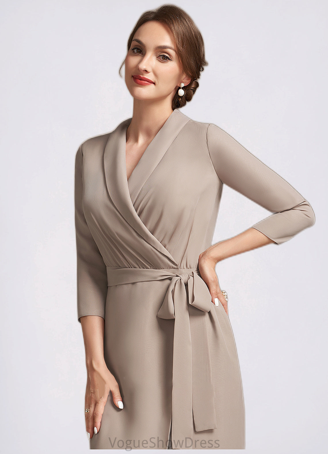 Aliya Sheath/Column V-neck Tea-Length Chiffon Mother of the Bride Dress With Bow(s) DL126P0014891