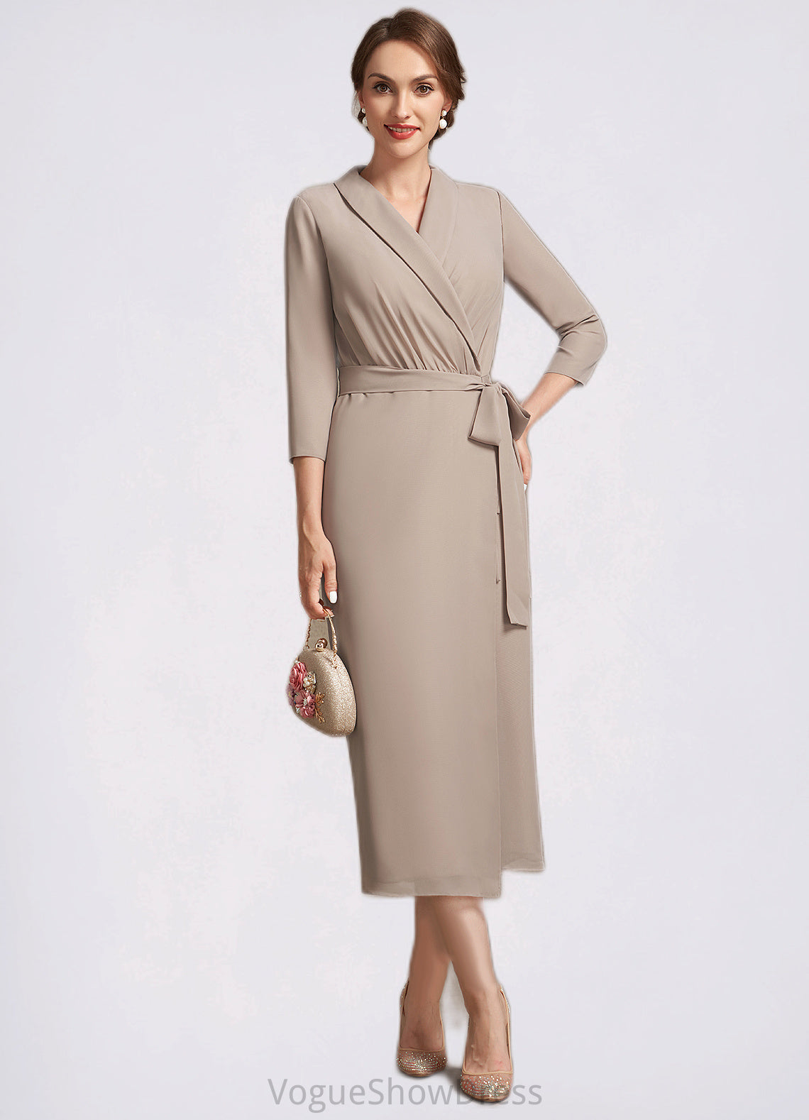 Aliya Sheath/Column V-neck Tea-Length Chiffon Mother of the Bride Dress With Bow(s) DL126P0014891