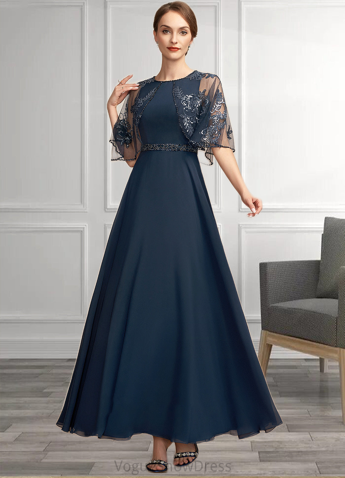 Madisyn A-Line Scoop Neck Ankle-Length Chiffon Lace Mother of the Bride Dress With Beading Sequins DL126P0014892