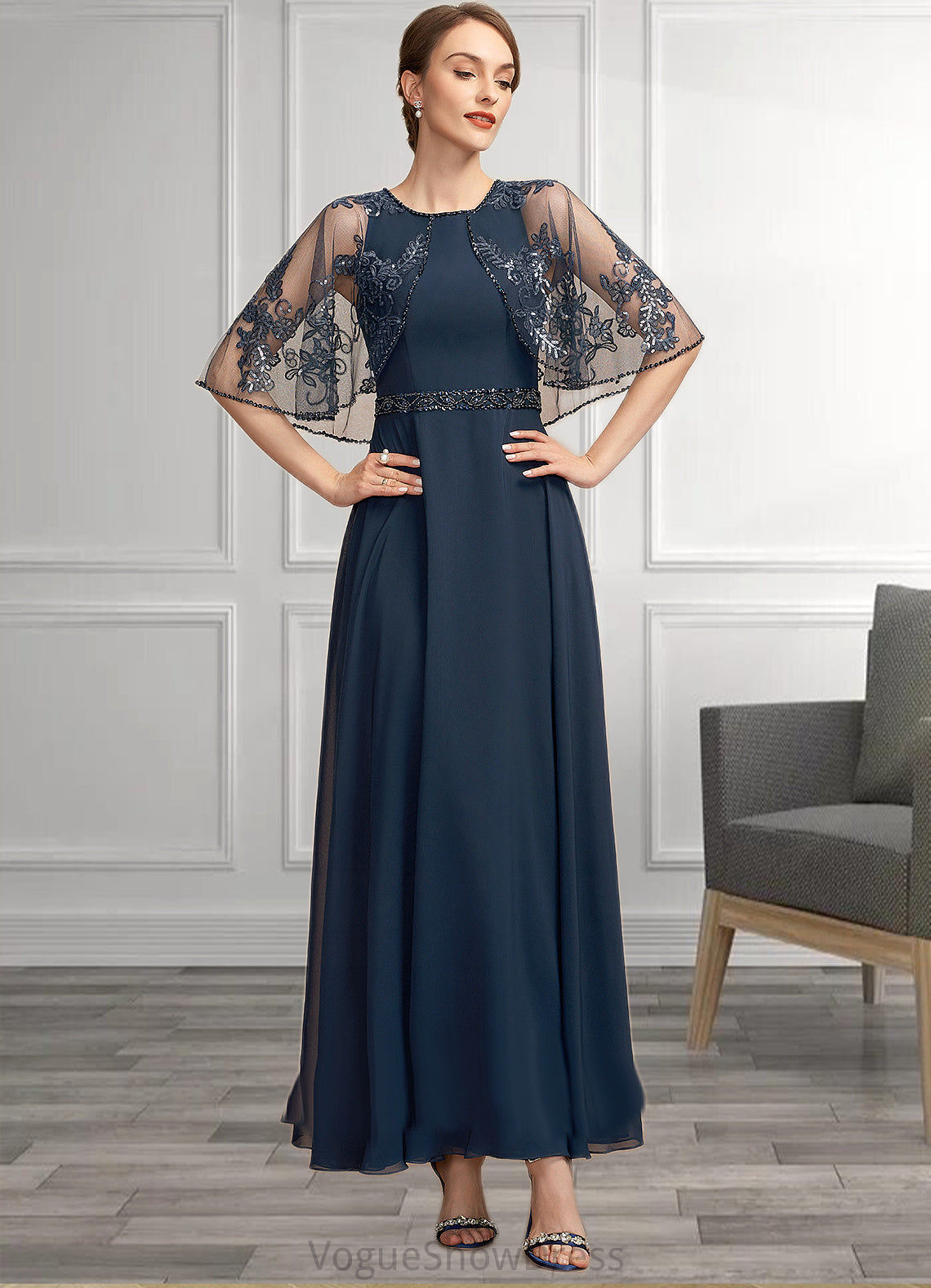 Madisyn A-Line Scoop Neck Ankle-Length Chiffon Lace Mother of the Bride Dress With Beading Sequins DL126P0014892