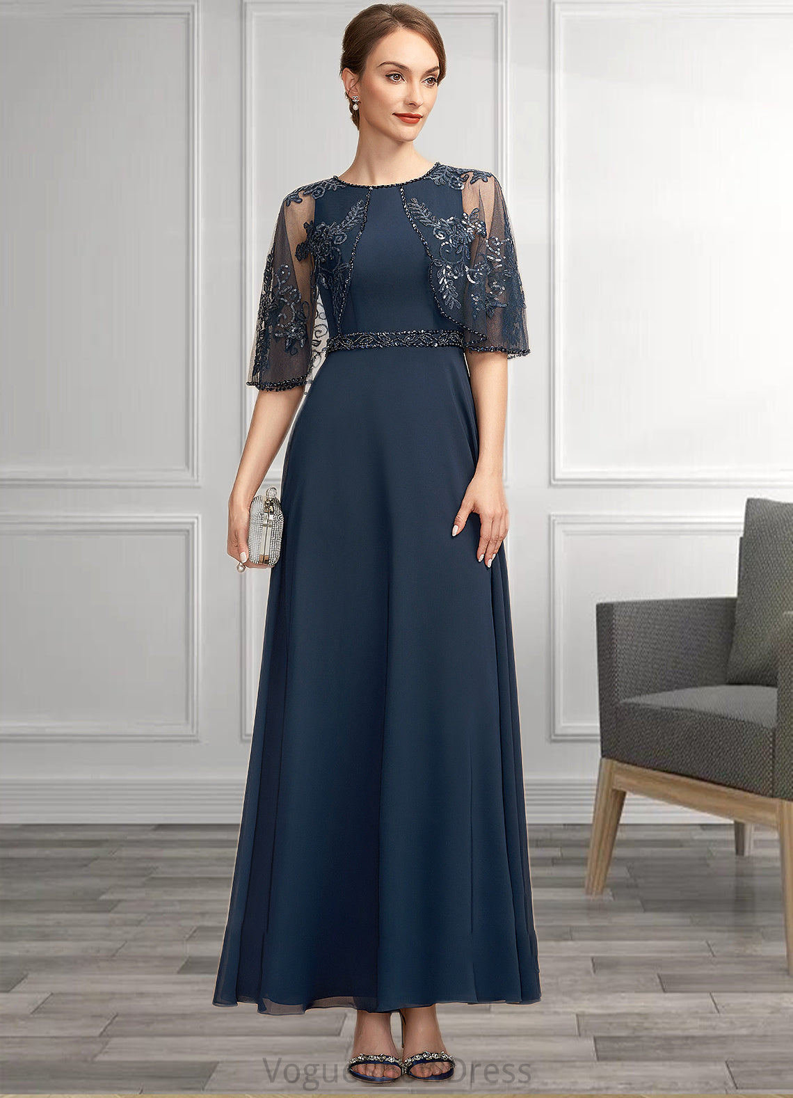 Madisyn A-Line Scoop Neck Ankle-Length Chiffon Lace Mother of the Bride Dress With Beading Sequins DL126P0014892