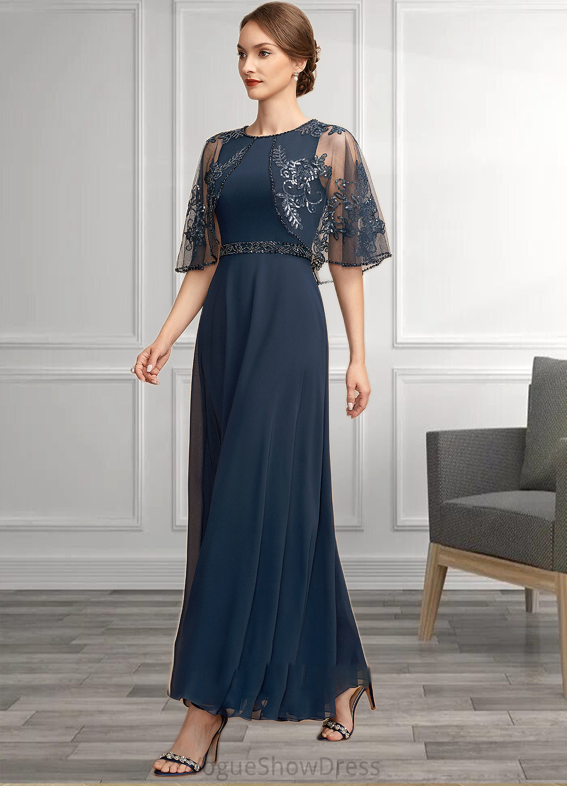 Madisyn A-Line Scoop Neck Ankle-Length Chiffon Lace Mother of the Bride Dress With Beading Sequins DL126P0014892