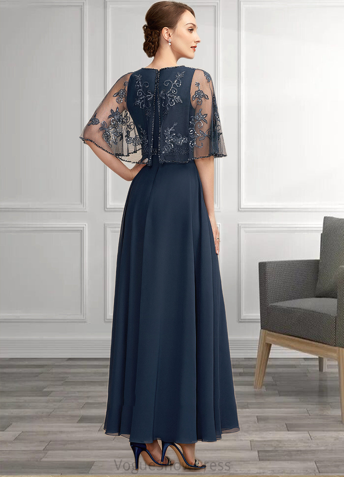 Madisyn A-Line Scoop Neck Ankle-Length Chiffon Lace Mother of the Bride Dress With Beading Sequins DL126P0014892