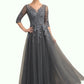 Lucinda A-Line V-neck Floor-Length Tulle Lace Mother of the Bride Dress With Beading Sequins DL126P0014895