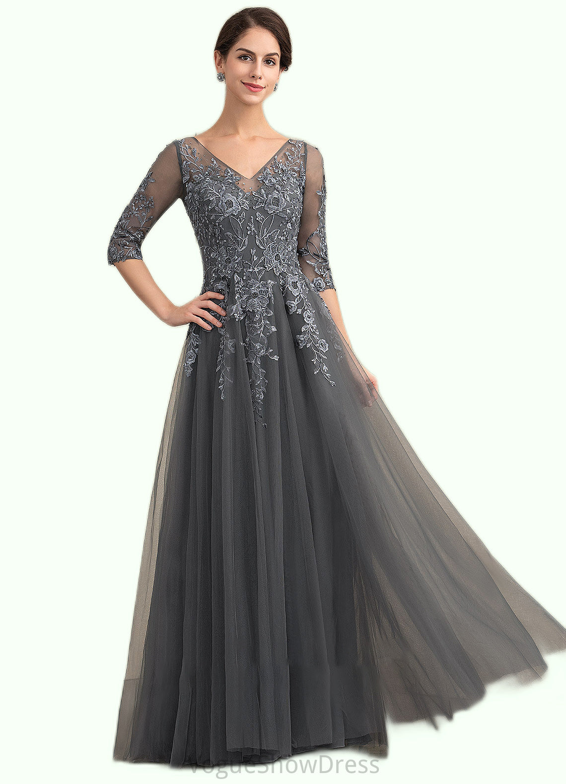 Lucinda A-Line V-neck Floor-Length Tulle Lace Mother of the Bride Dress With Beading Sequins DL126P0014895