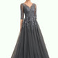 Lucinda A-Line V-neck Floor-Length Tulle Lace Mother of the Bride Dress With Beading Sequins DL126P0014895