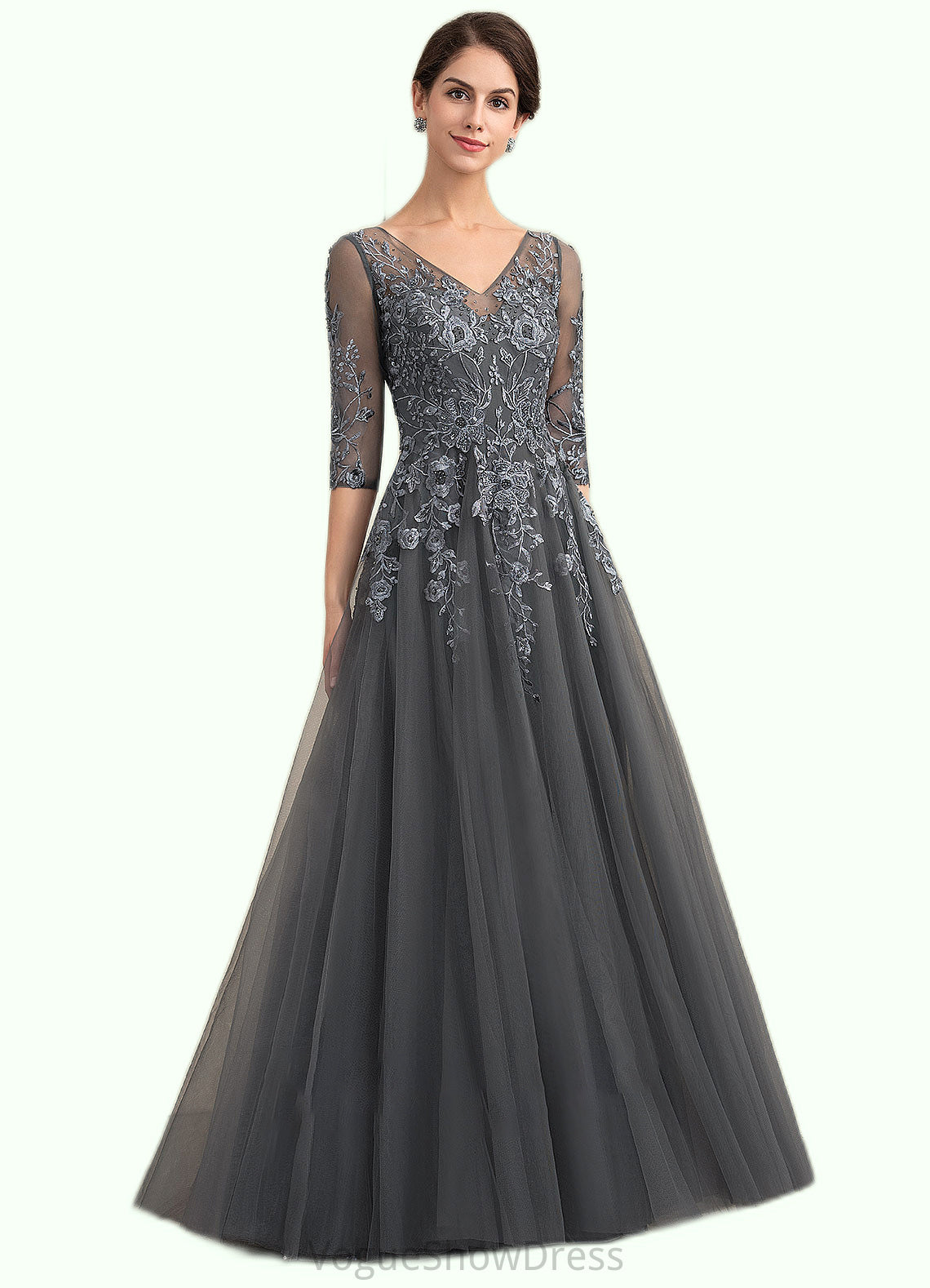 Lucinda A-Line V-neck Floor-Length Tulle Lace Mother of the Bride Dress With Beading Sequins DL126P0014895