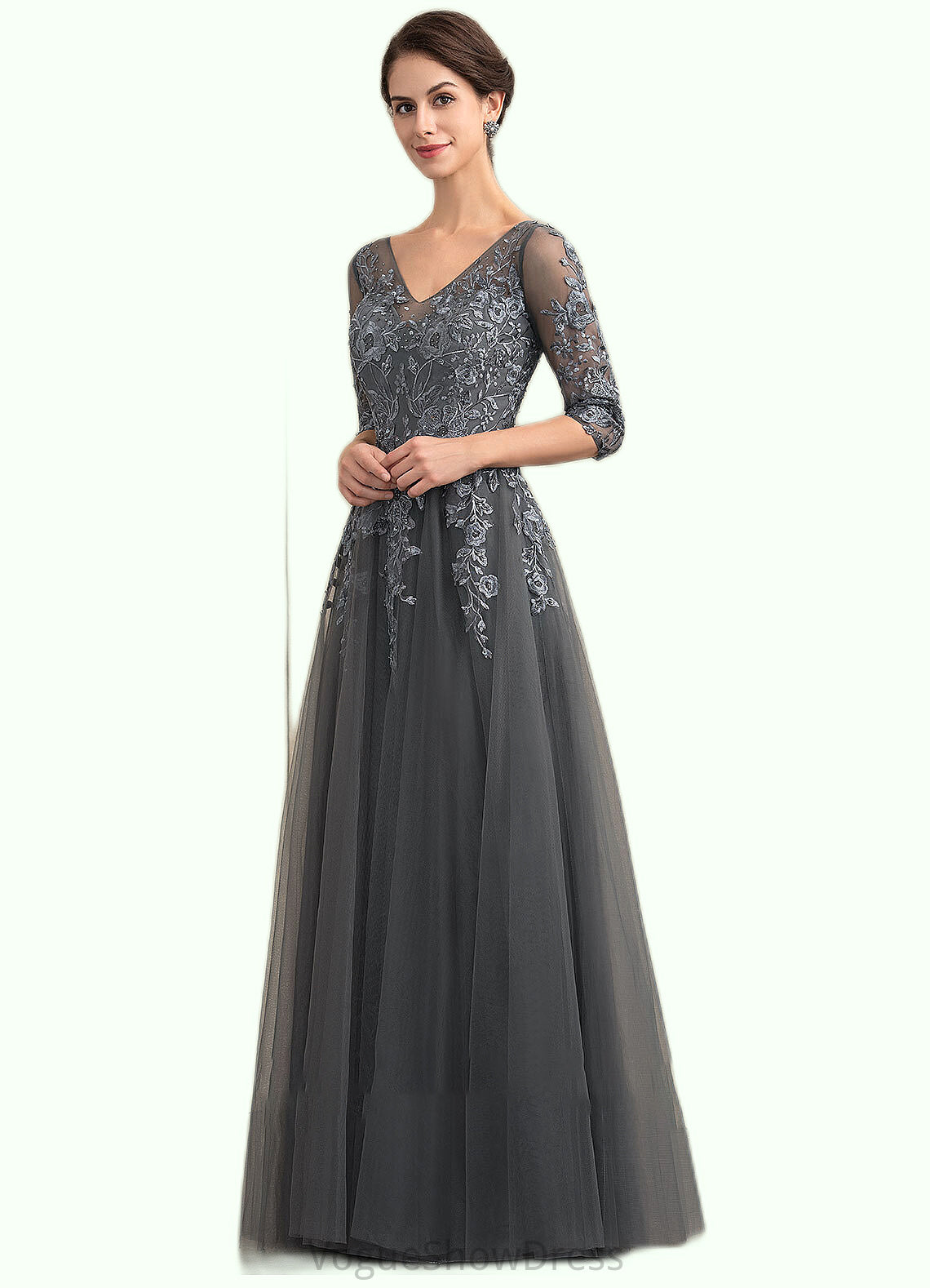 Lucinda A-Line V-neck Floor-Length Tulle Lace Mother of the Bride Dress With Beading Sequins DL126P0014895