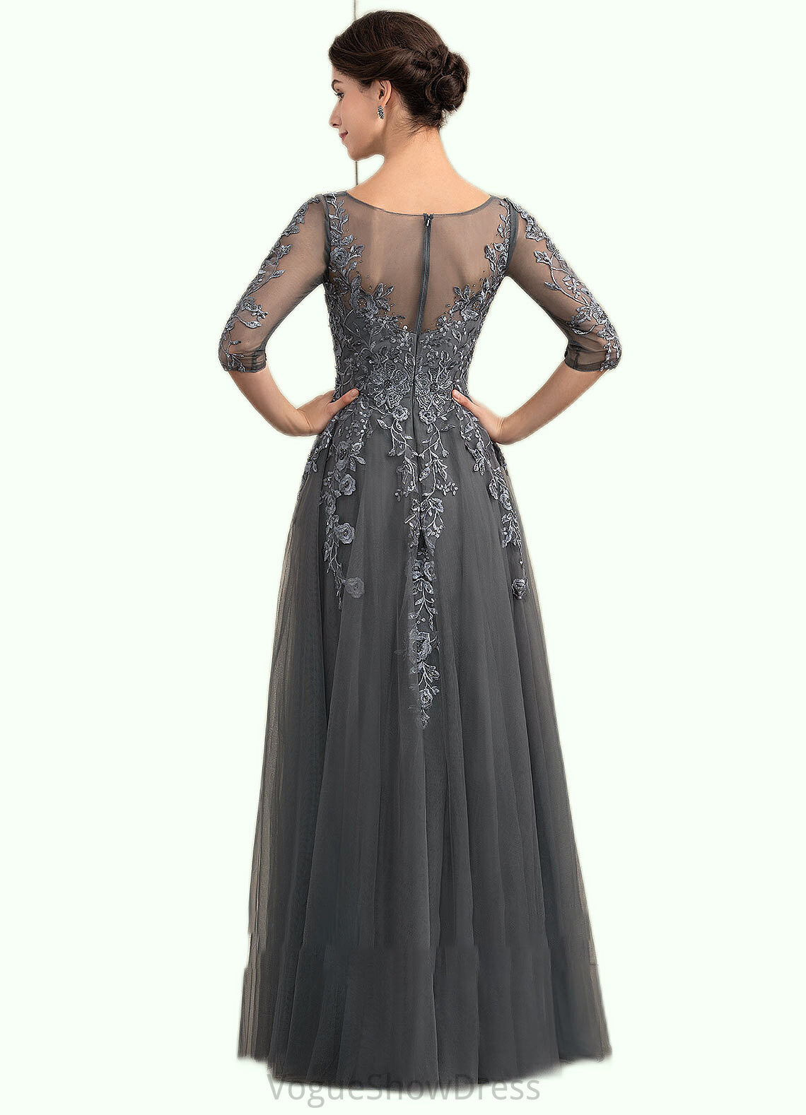 Lucinda A-Line V-neck Floor-Length Tulle Lace Mother of the Bride Dress With Beading Sequins DL126P0014895