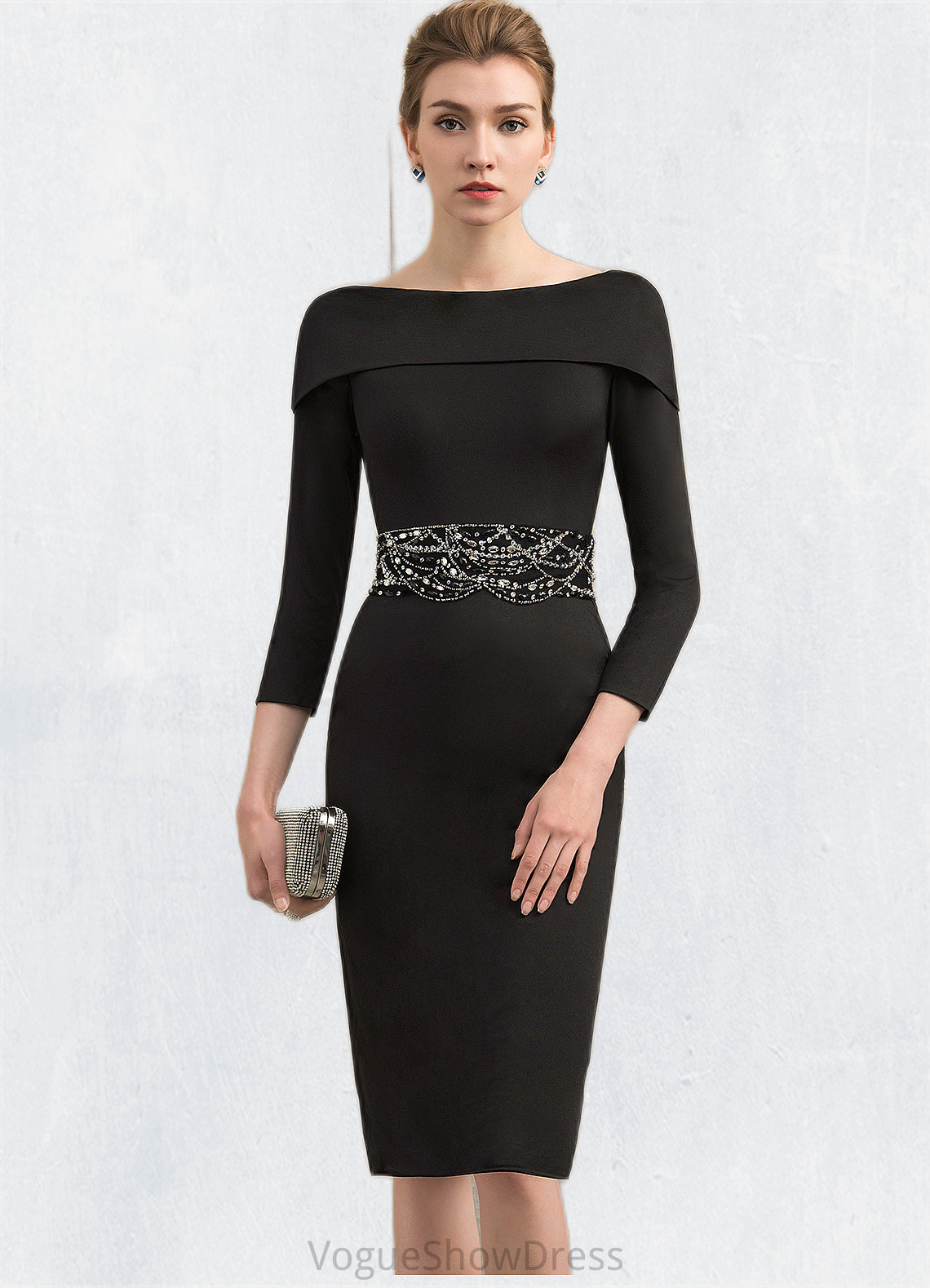 Maya Sheath/Column Off-the-Shoulder Knee-Length Jersey Mother of the Bride Dress With Beading Sequins DL126P0014897