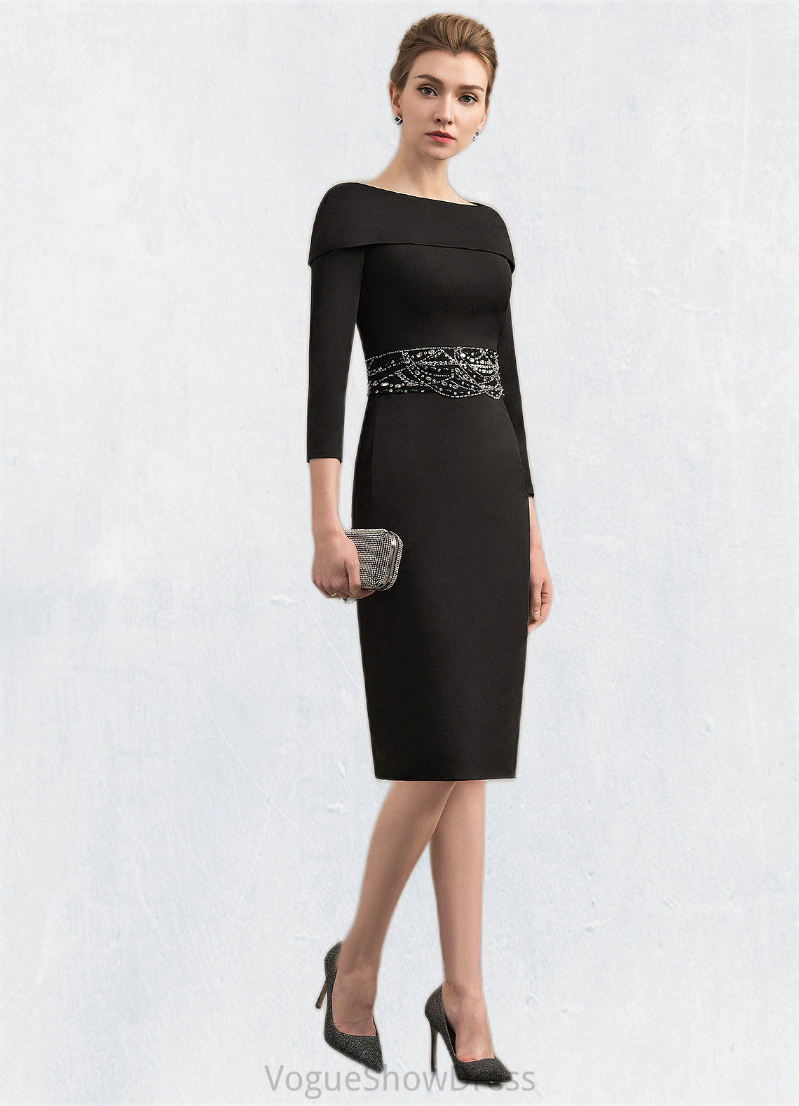 Maya Sheath/Column Off-the-Shoulder Knee-Length Jersey Mother of the Bride Dress With Beading Sequins DL126P0014897