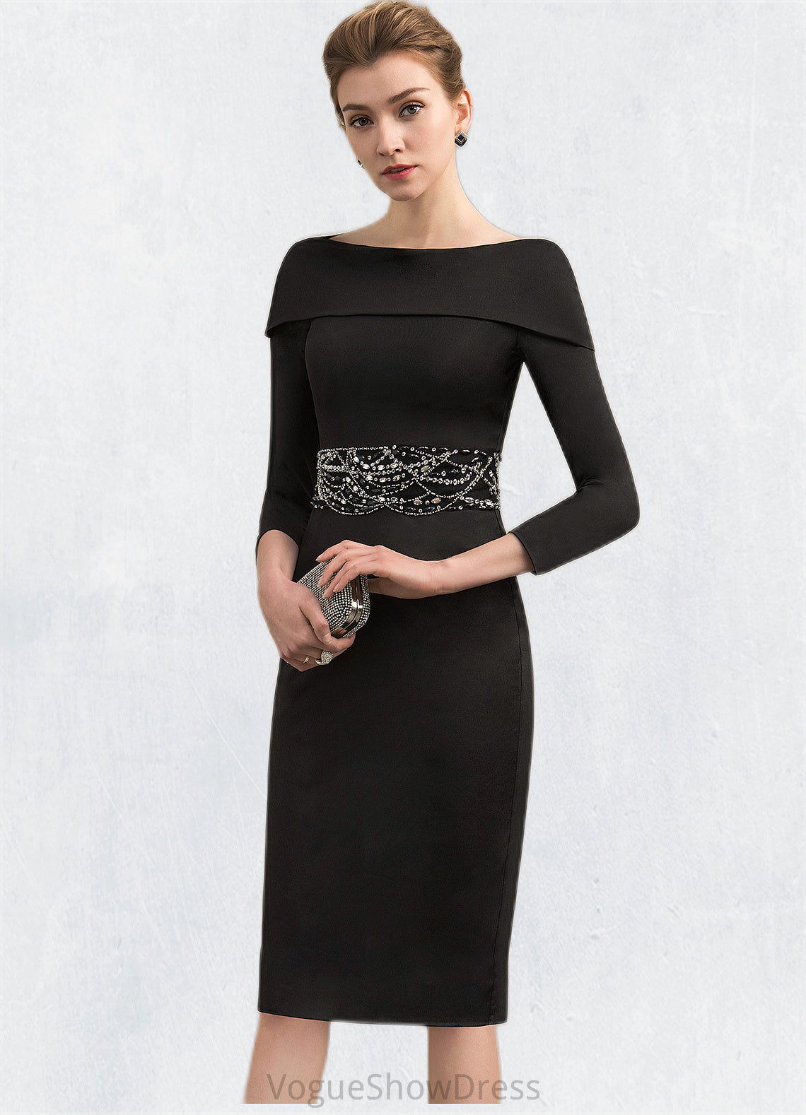 Maya Sheath/Column Off-the-Shoulder Knee-Length Jersey Mother of the Bride Dress With Beading Sequins DL126P0014897