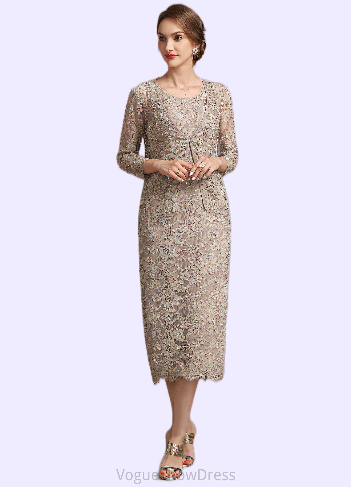 Giana Sheath/Column Scoop Neck Tea-Length Lace Mother of the Bride Dress With Sequins DL126P0014898