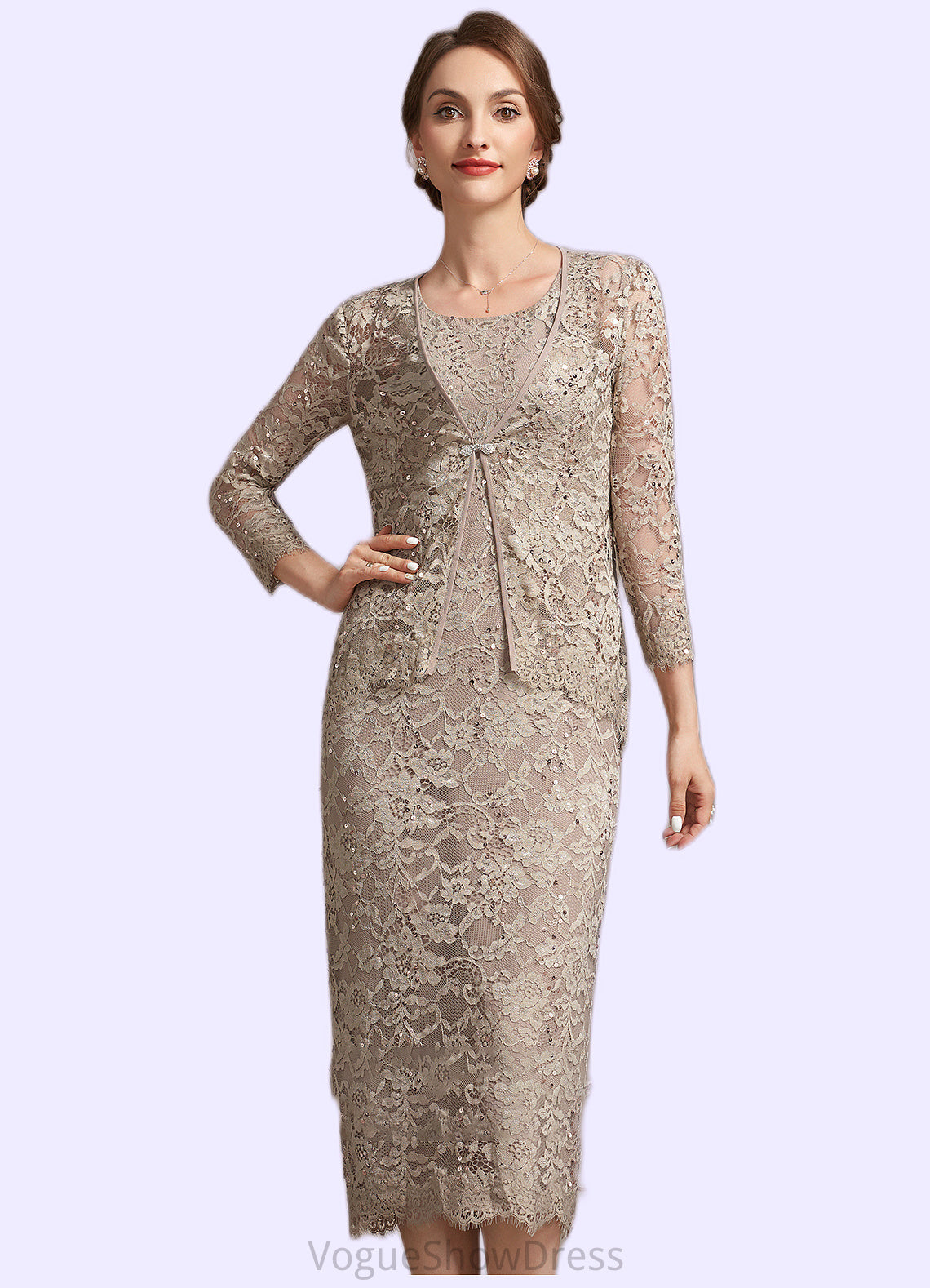 Giana Sheath/Column Scoop Neck Tea-Length Lace Mother of the Bride Dress With Sequins DL126P0014898