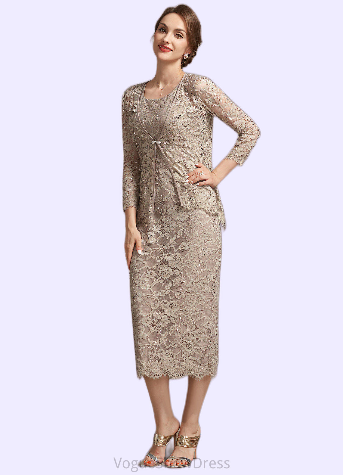 Giana Sheath/Column Scoop Neck Tea-Length Lace Mother of the Bride Dress With Sequins DL126P0014898