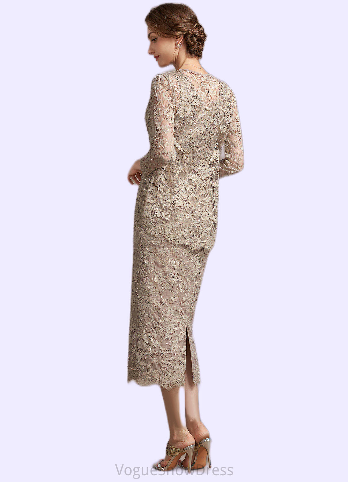 Giana Sheath/Column Scoop Neck Tea-Length Lace Mother of the Bride Dress With Sequins DL126P0014898