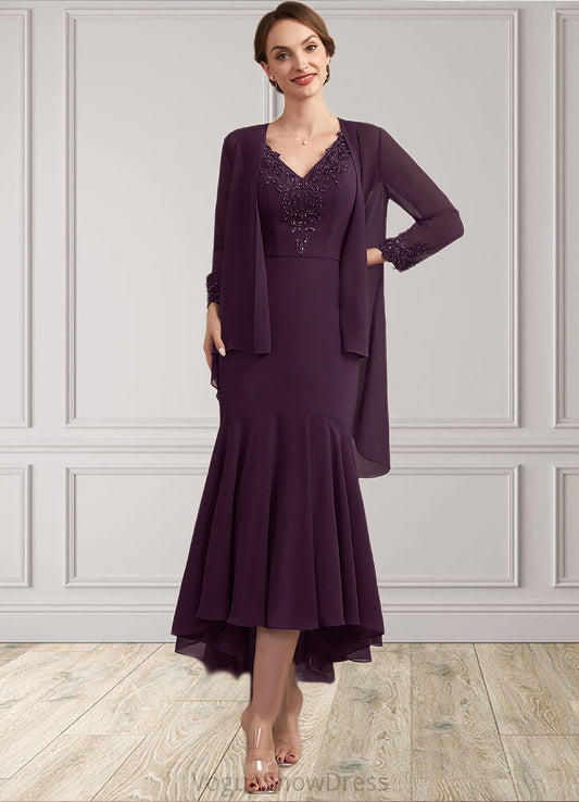 Charlotte Trumpet/Mermaid V-neck Asymmetrical Chiffon Mother of the Bride Dress With Lace Beading Sequins DL126P0014902