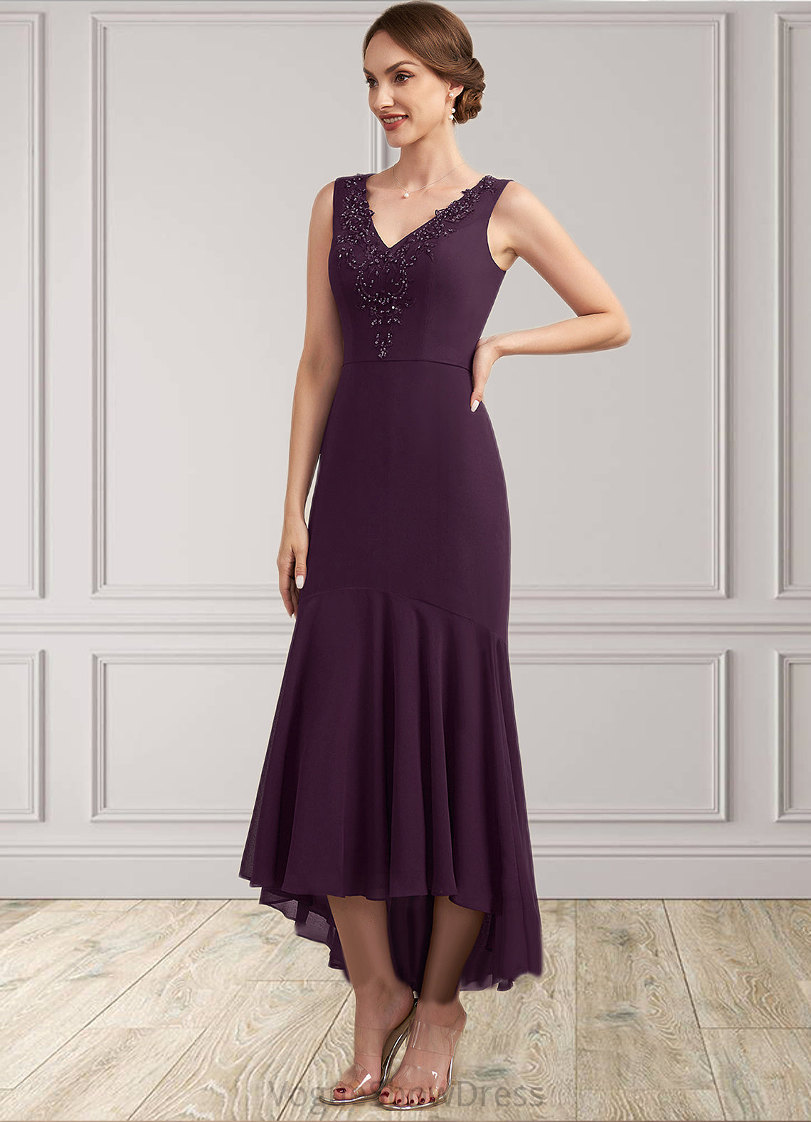 Charlotte Trumpet/Mermaid V-neck Asymmetrical Chiffon Mother of the Bride Dress With Lace Beading Sequins DL126P0014902