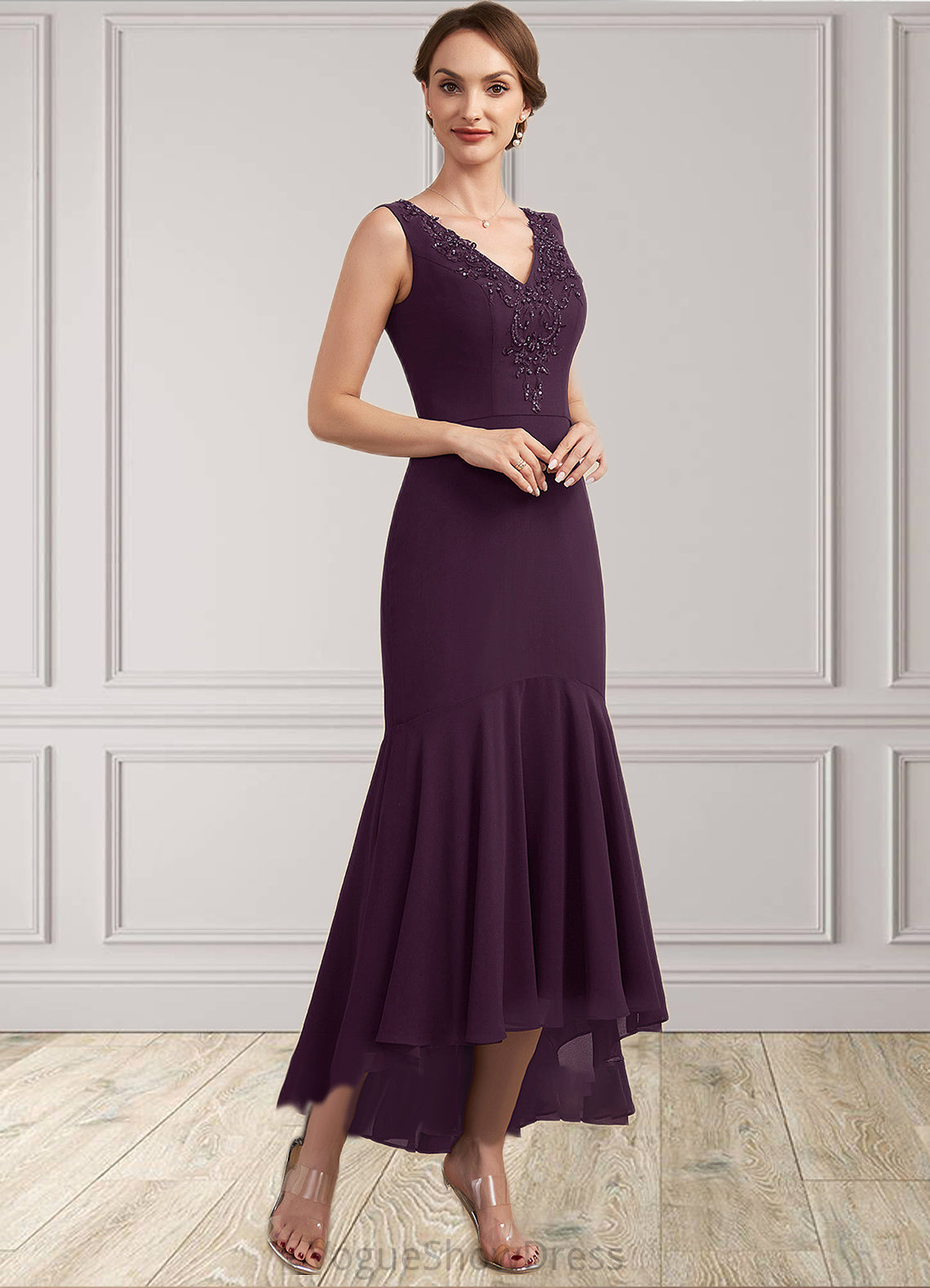 Charlotte Trumpet/Mermaid V-neck Asymmetrical Chiffon Mother of the Bride Dress With Lace Beading Sequins DL126P0014902