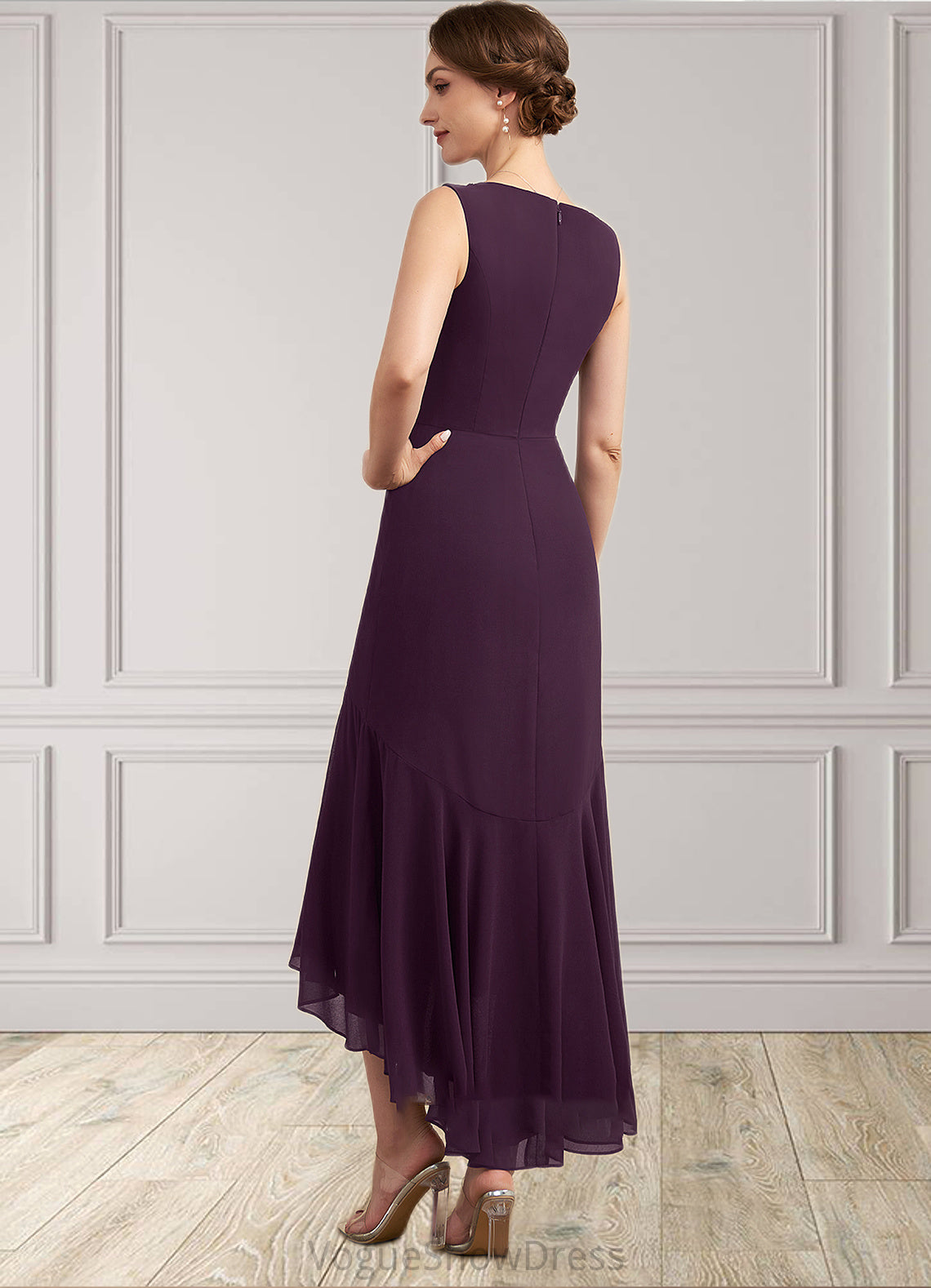 Charlotte Trumpet/Mermaid V-neck Asymmetrical Chiffon Mother of the Bride Dress With Lace Beading Sequins DL126P0014902