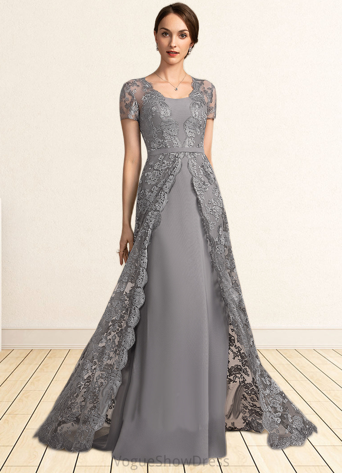 Larissa A-Line Square Neckline Sweep Train Chiffon Lace Mother of the Bride Dress DL126P0014903