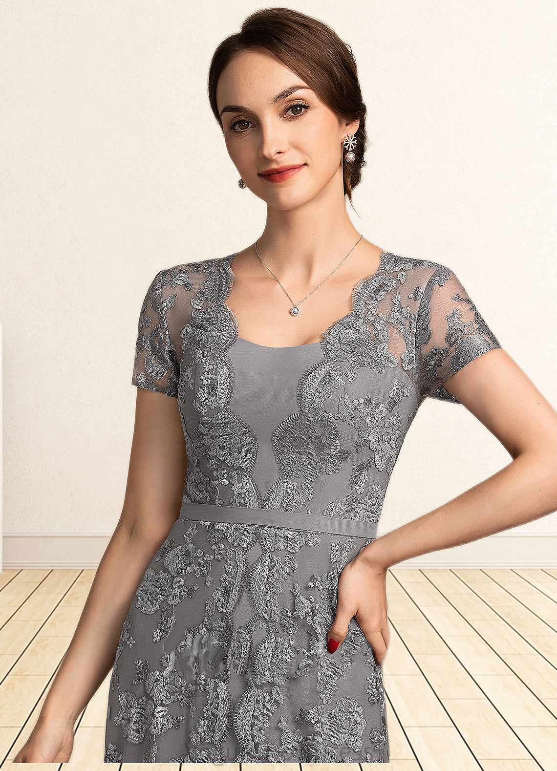 Larissa A-Line Square Neckline Sweep Train Chiffon Lace Mother of the Bride Dress DL126P0014903