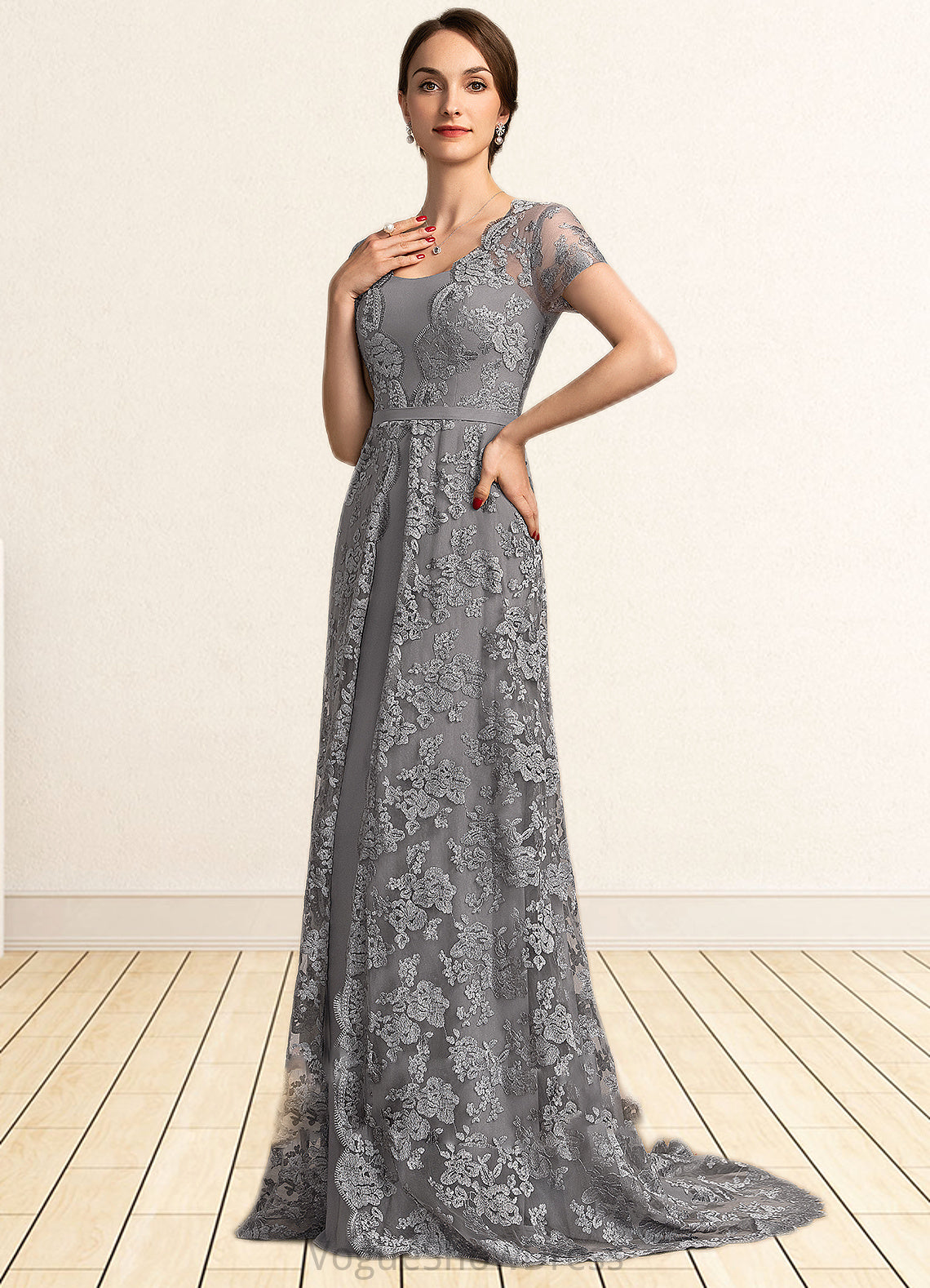 Larissa A-Line Square Neckline Sweep Train Chiffon Lace Mother of the Bride Dress DL126P0014903