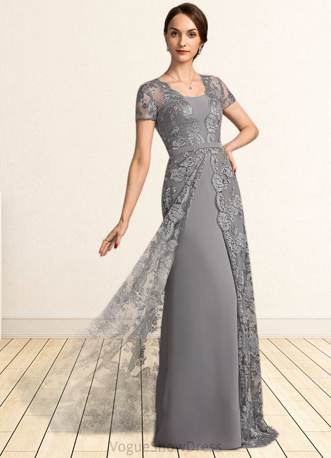 Larissa A-Line Square Neckline Sweep Train Chiffon Lace Mother of the Bride Dress DL126P0014903