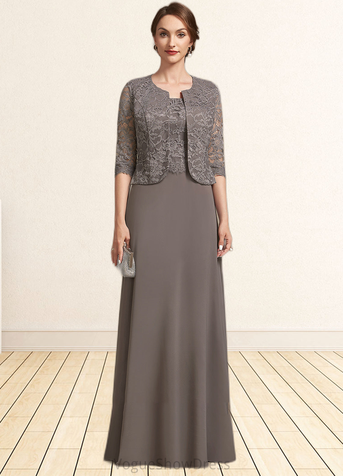 Ivy A-Line Square Neckline Floor-Length Chiffon Lace Mother of the Bride Dress DL126P0014904