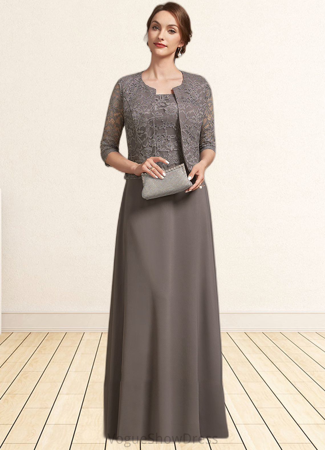 Ivy A-Line Square Neckline Floor-Length Chiffon Lace Mother of the Bride Dress DL126P0014904