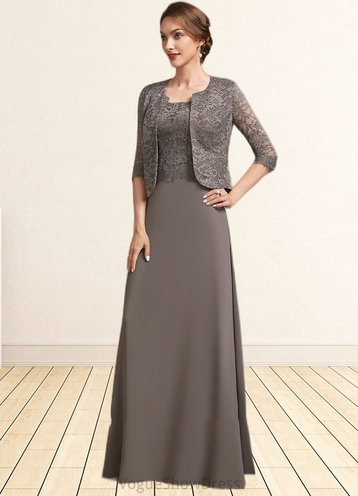 Ivy A-Line Square Neckline Floor-Length Chiffon Lace Mother of the Bride Dress DL126P0014904