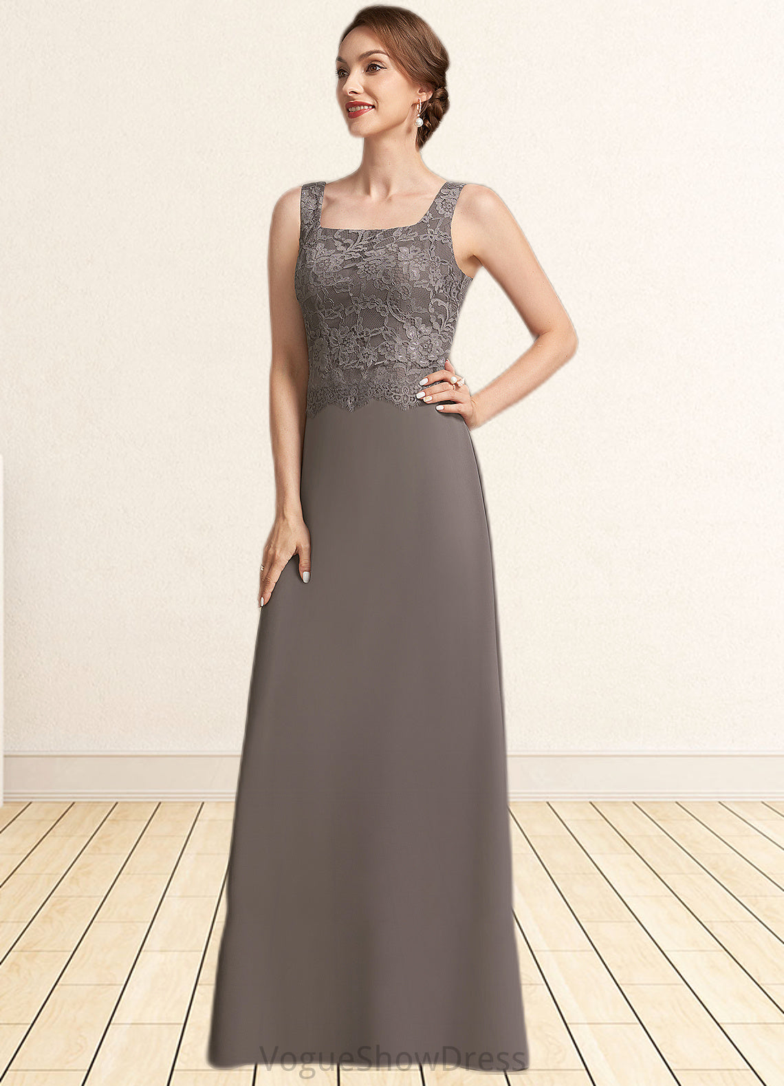 Ivy A-Line Square Neckline Floor-Length Chiffon Lace Mother of the Bride Dress DL126P0014904