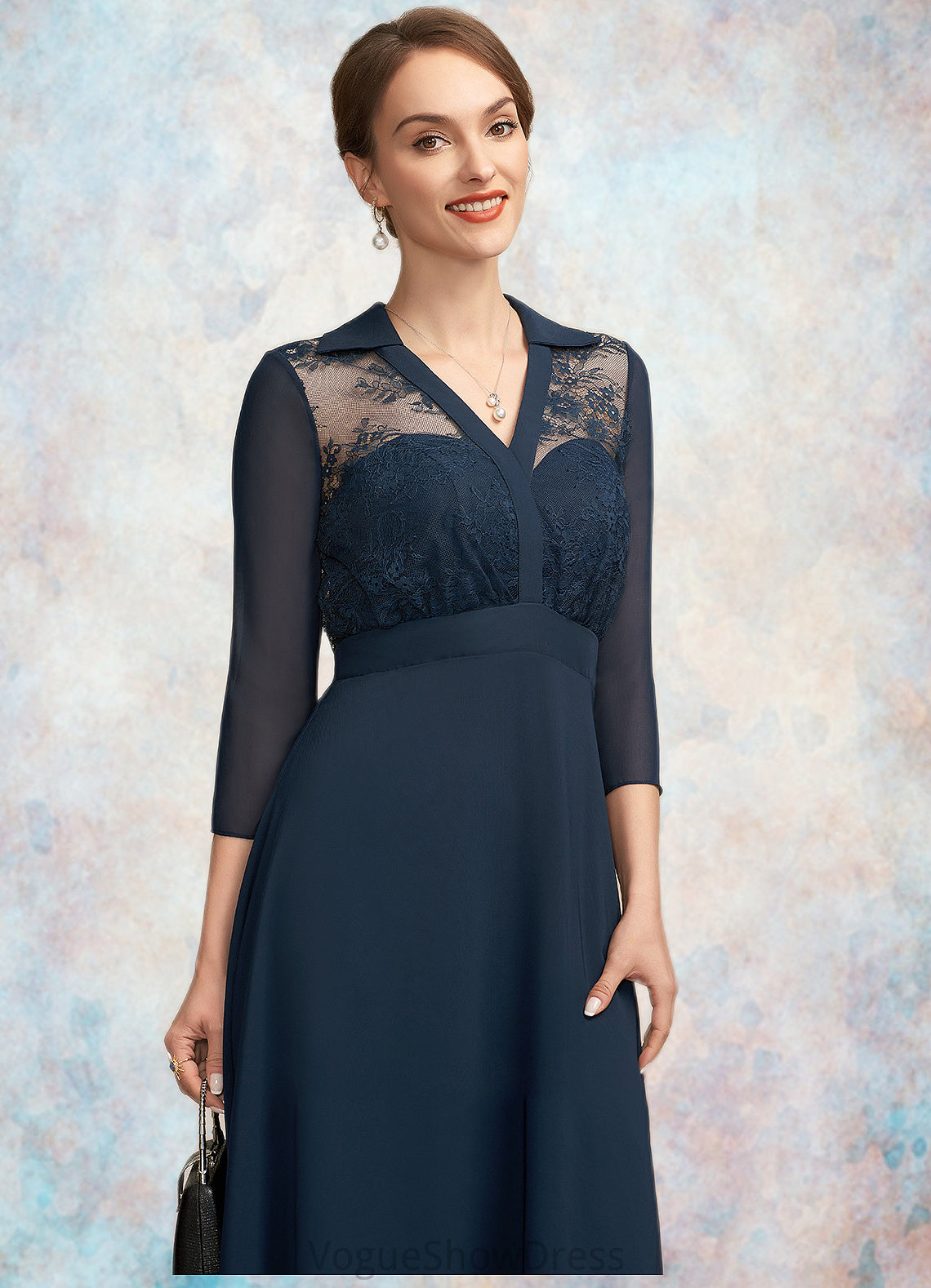 Aiyana A-Line V-neck Tea-Length Chiffon Lace Mother of the Bride Dress DL126P0014905