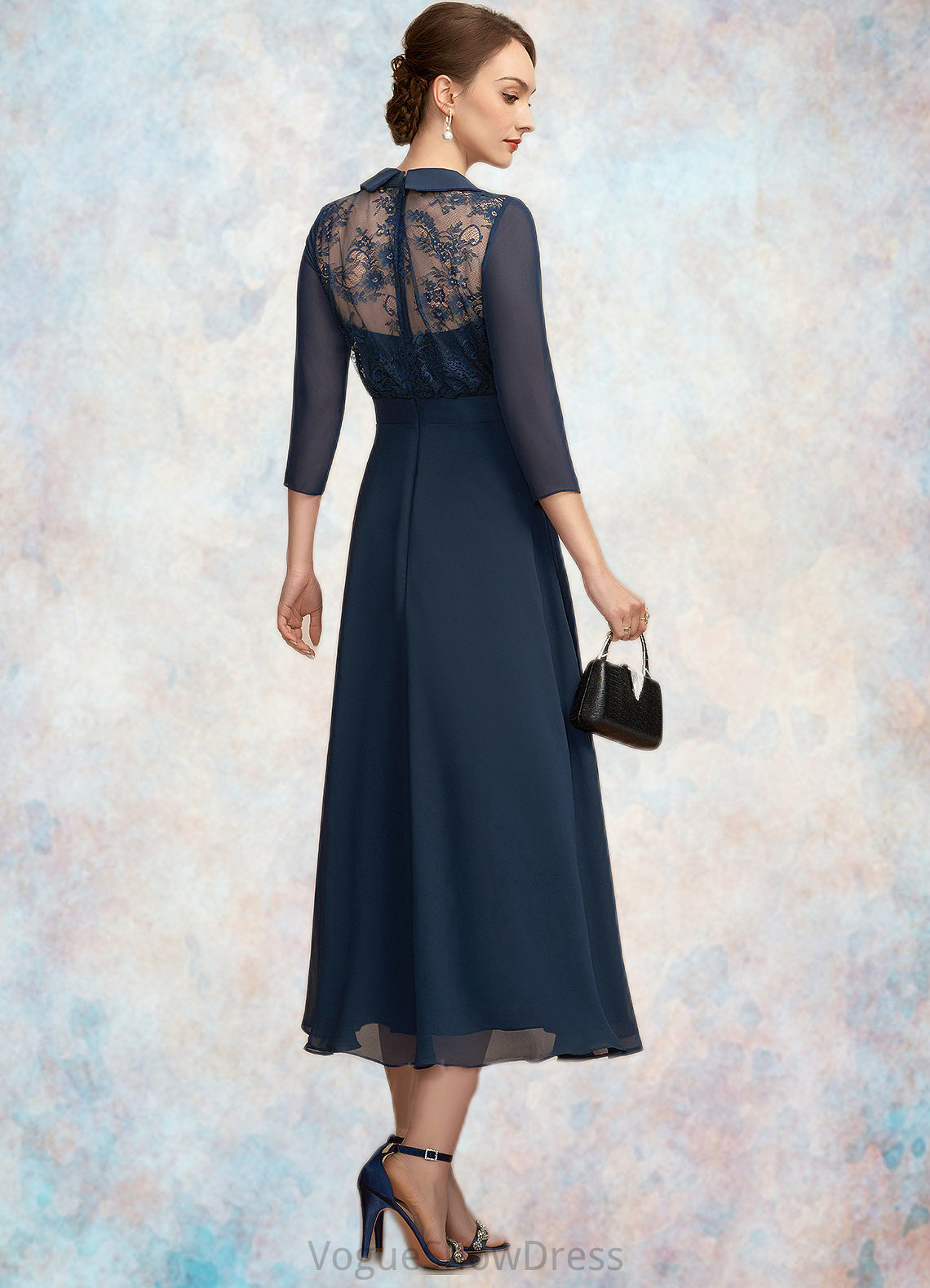 Aiyana A-Line V-neck Tea-Length Chiffon Lace Mother of the Bride Dress DL126P0014905