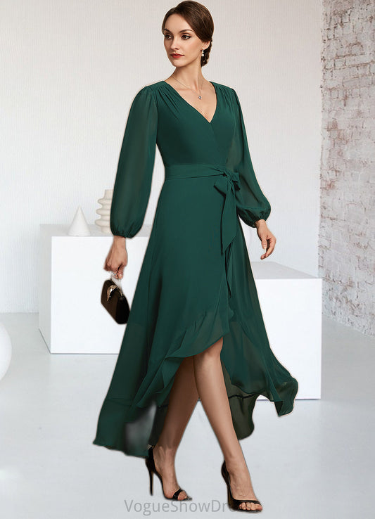 Desirae A-Line V-neck Asymmetrical Chiffon Mother of the Bride Dress With Bow(s) Cascading Ruffles DL126P0014909