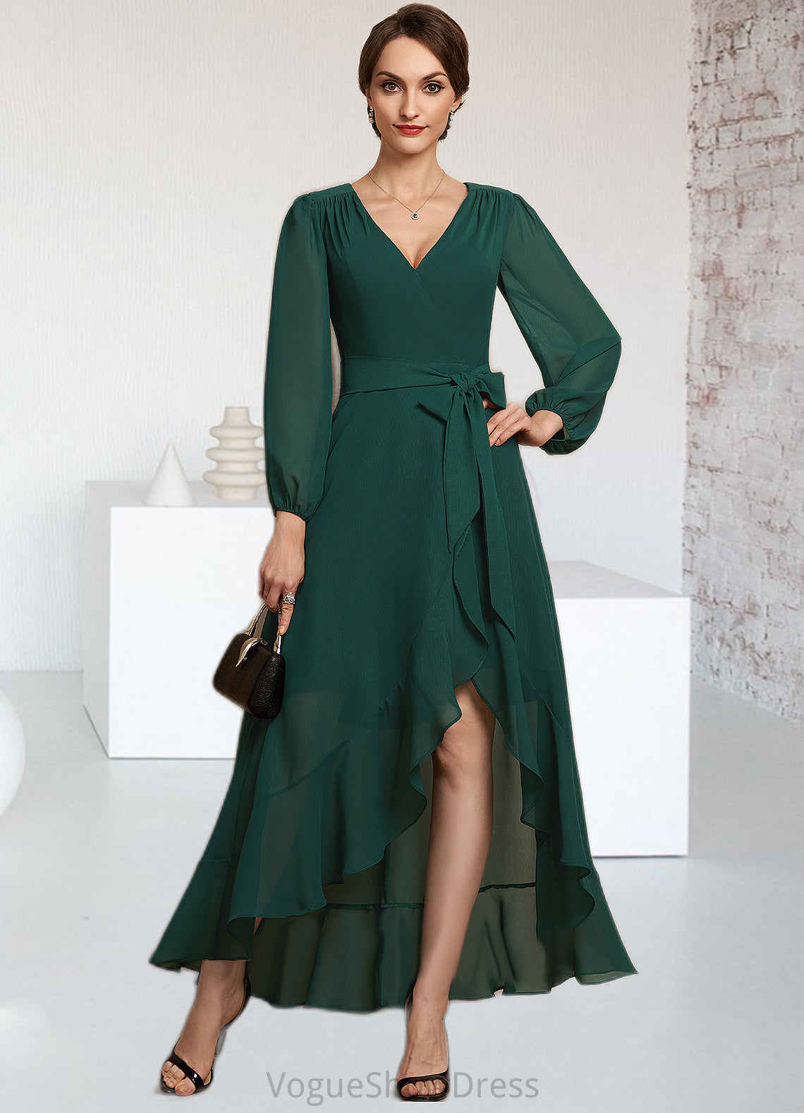 Desirae A-Line V-neck Asymmetrical Chiffon Mother of the Bride Dress With Bow(s) Cascading Ruffles DL126P0014909