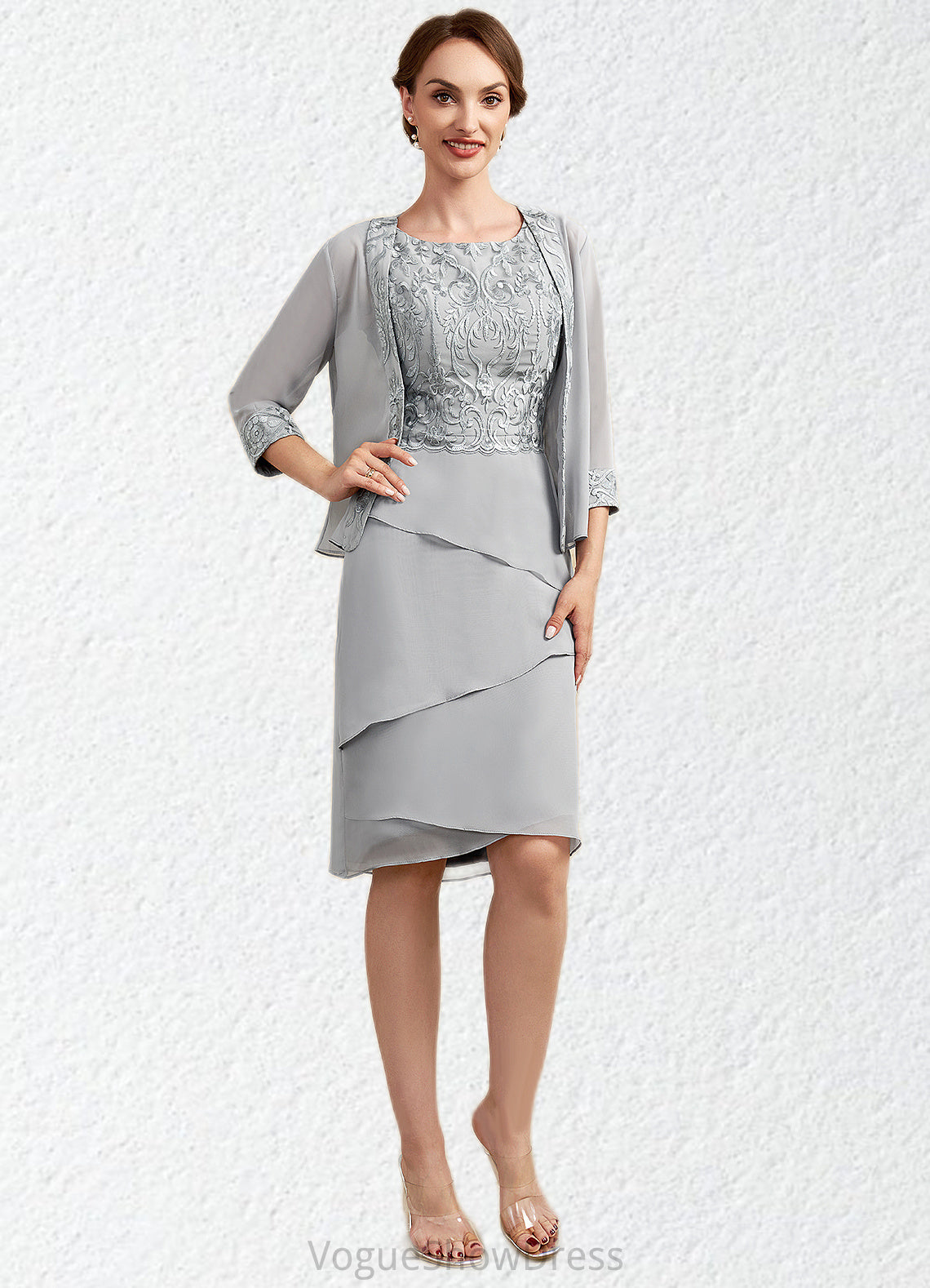 Viola Sheath/Column Scoop Neck Asymmetrical Chiffon Lace Mother of the Bride Dress With Cascading Ruffles DL126P0014912