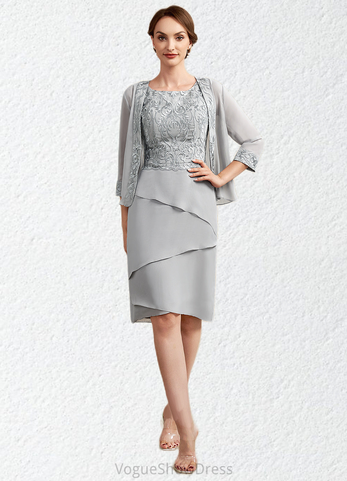 Viola Sheath/Column Scoop Neck Asymmetrical Chiffon Lace Mother of the Bride Dress With Cascading Ruffles DL126P0014912