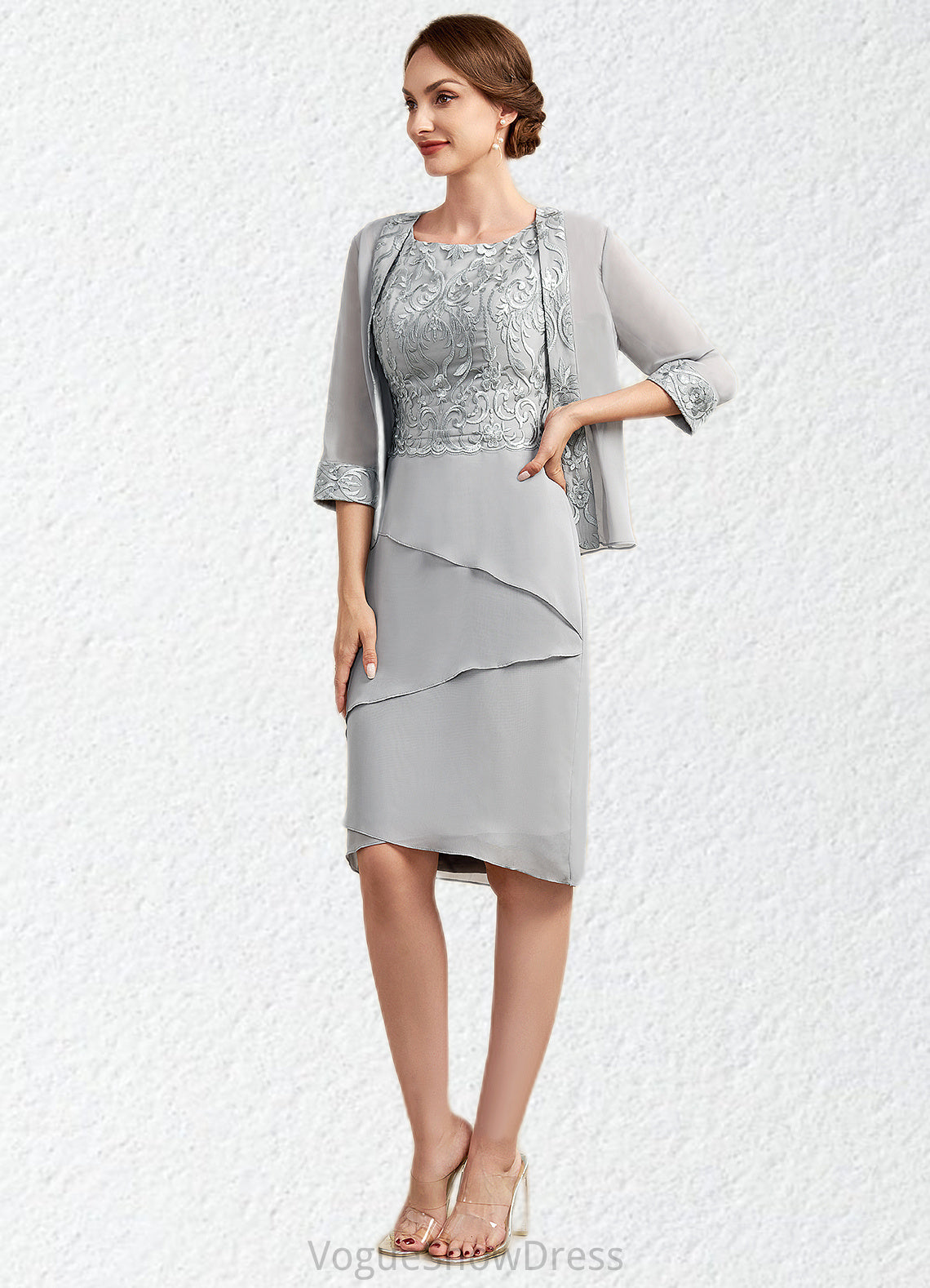 Viola Sheath/Column Scoop Neck Asymmetrical Chiffon Lace Mother of the Bride Dress With Cascading Ruffles DL126P0014912