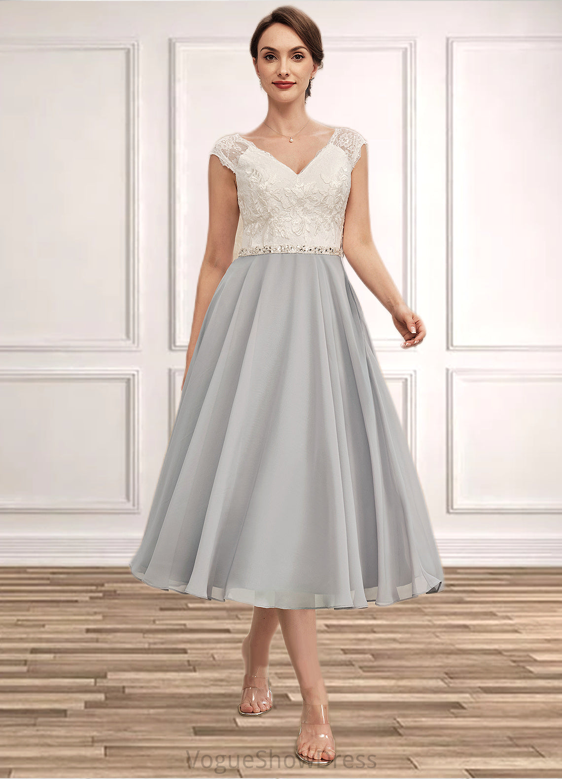 Nova A-Line V-neck Tea-Length Chiffon Lace Mother of the Bride Dress With Beading DL126P0014919