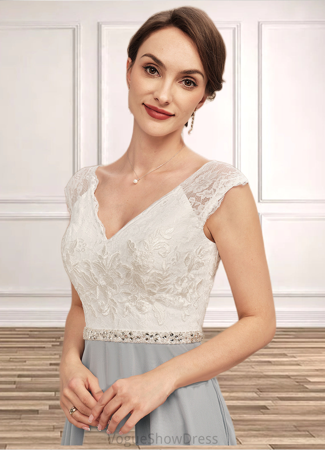 Nova A-Line V-neck Tea-Length Chiffon Lace Mother of the Bride Dress With Beading DL126P0014919