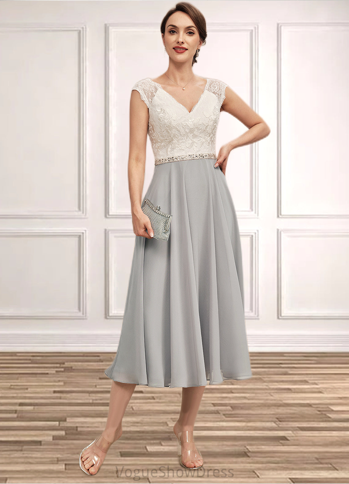 Nova A-Line V-neck Tea-Length Chiffon Lace Mother of the Bride Dress With Beading DL126P0014919