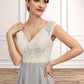 Nova A-Line V-neck Tea-Length Chiffon Lace Mother of the Bride Dress With Beading DL126P0014919