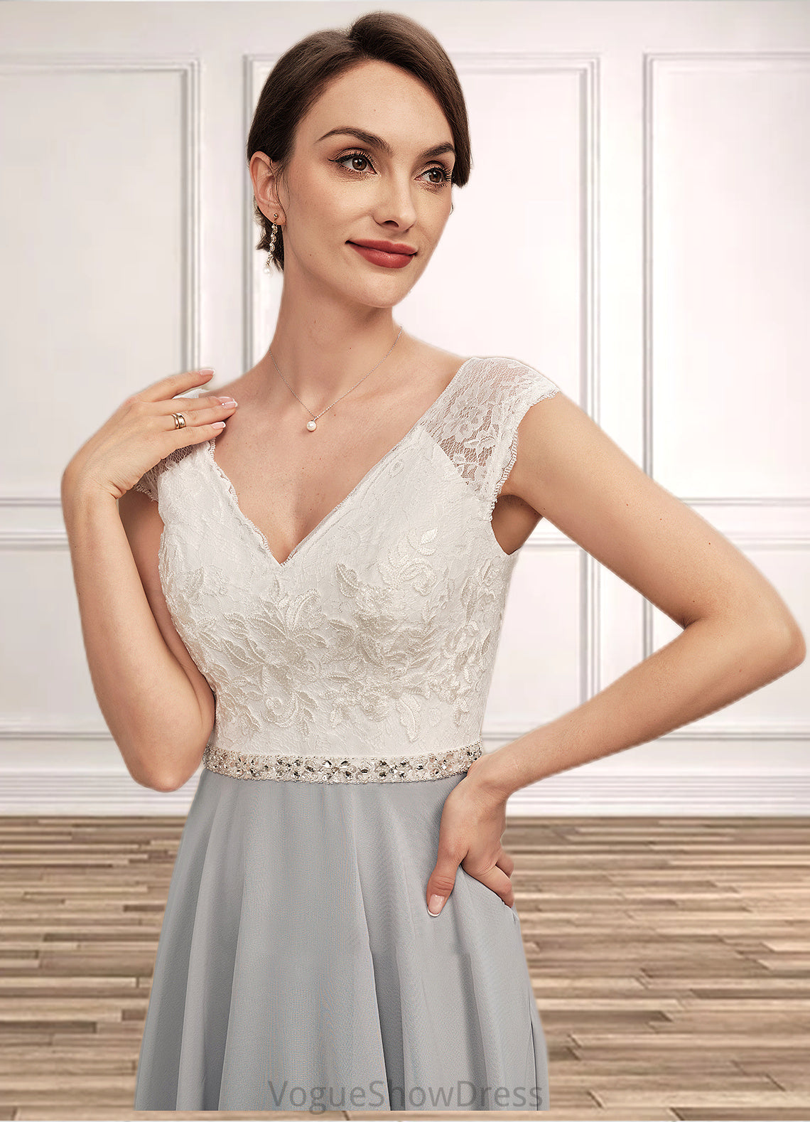 Nova A-Line V-neck Tea-Length Chiffon Lace Mother of the Bride Dress With Beading DL126P0014919