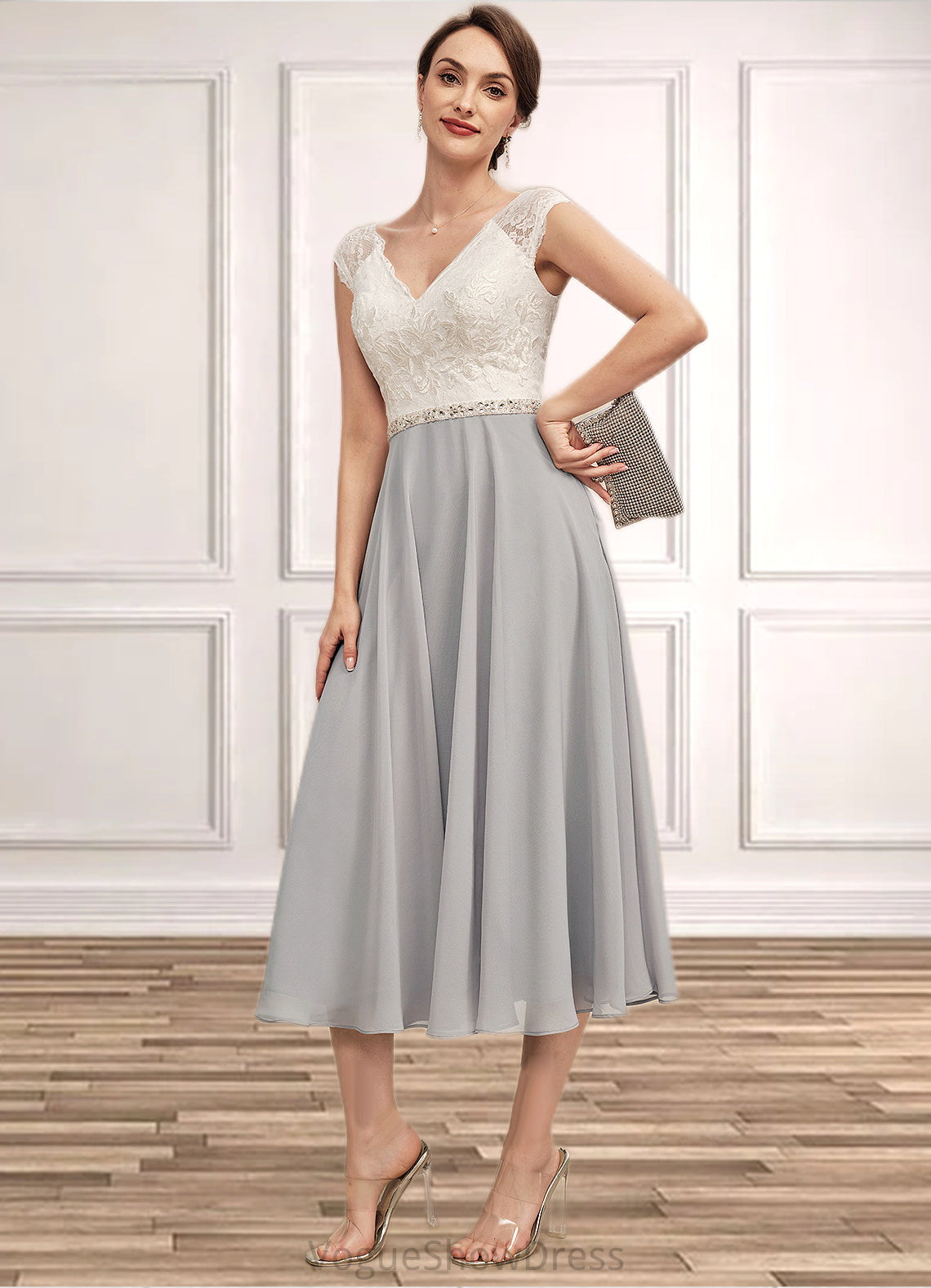 Nova A-Line V-neck Tea-Length Chiffon Lace Mother of the Bride Dress With Beading DL126P0014919