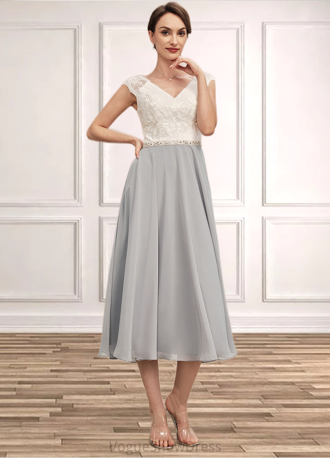 Nova A-Line V-neck Tea-Length Chiffon Lace Mother of the Bride Dress With Beading DL126P0014919