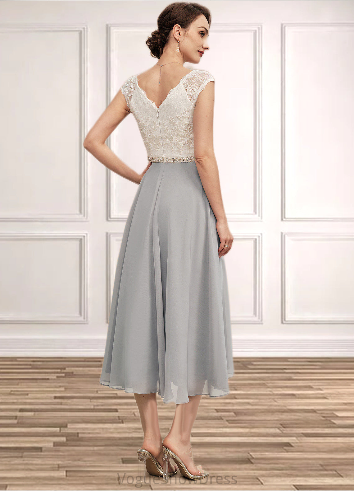 Nova A-Line V-neck Tea-Length Chiffon Lace Mother of the Bride Dress With Beading DL126P0014919