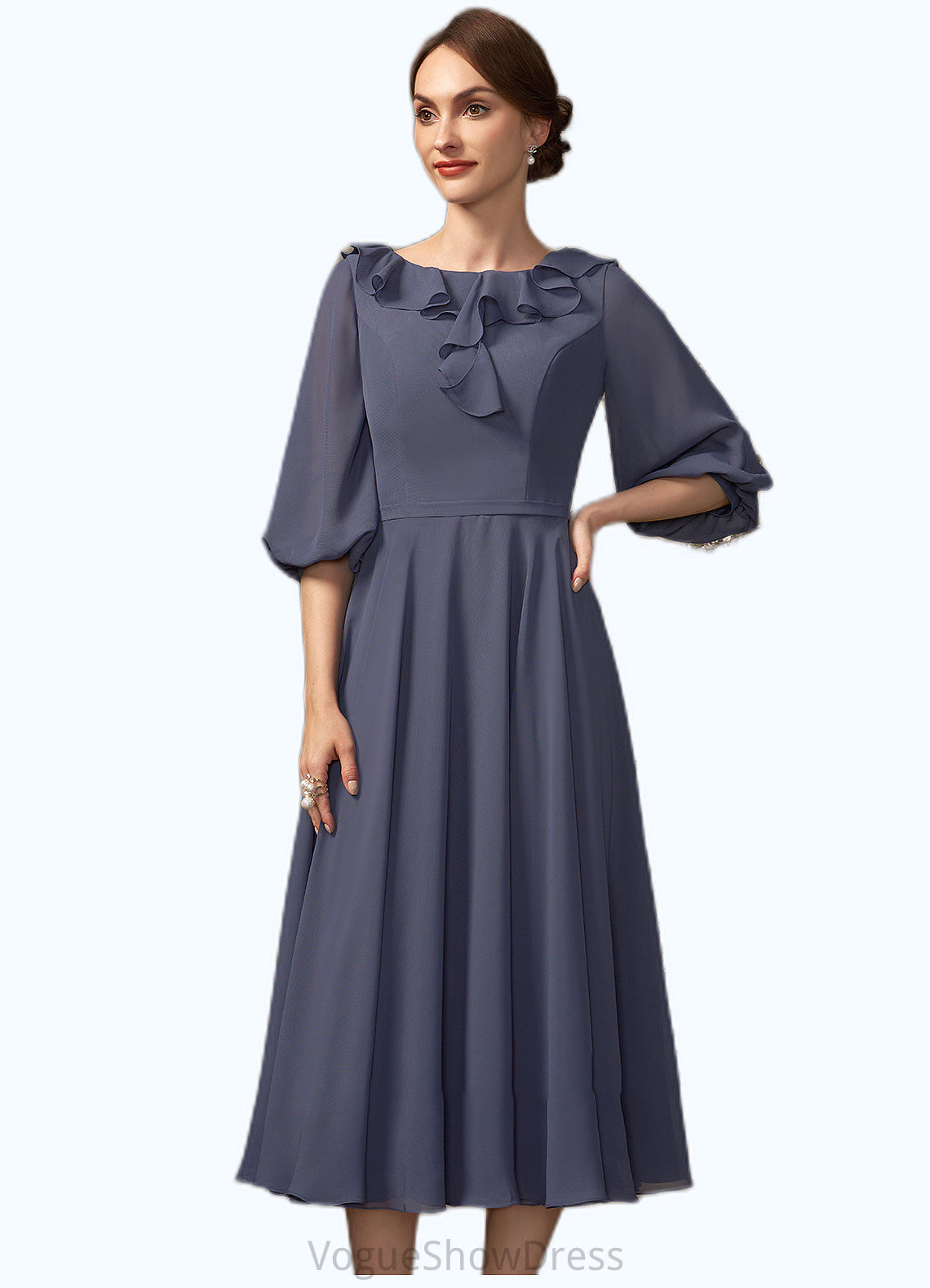 Teresa A-Line Scoop Neck Tea-Length Chiffon Mother of the Bride Dress With Cascading Ruffles DL126P0014920