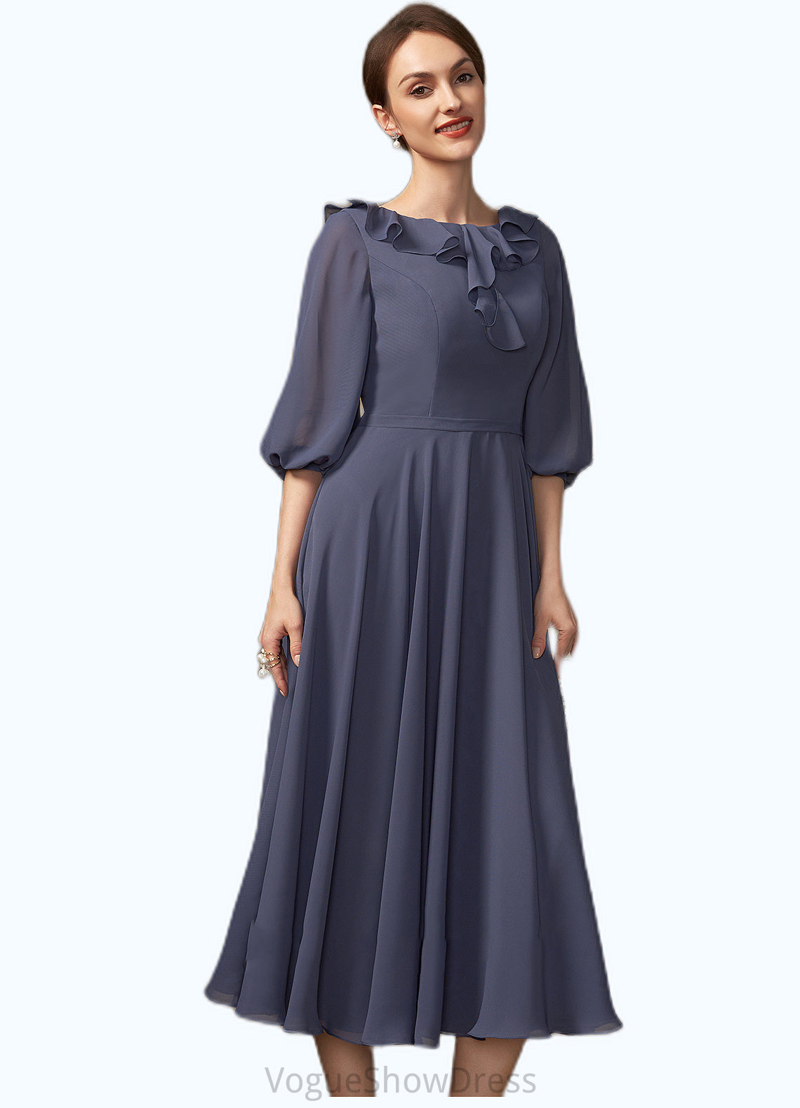 Teresa A-Line Scoop Neck Tea-Length Chiffon Mother of the Bride Dress With Cascading Ruffles DL126P0014920