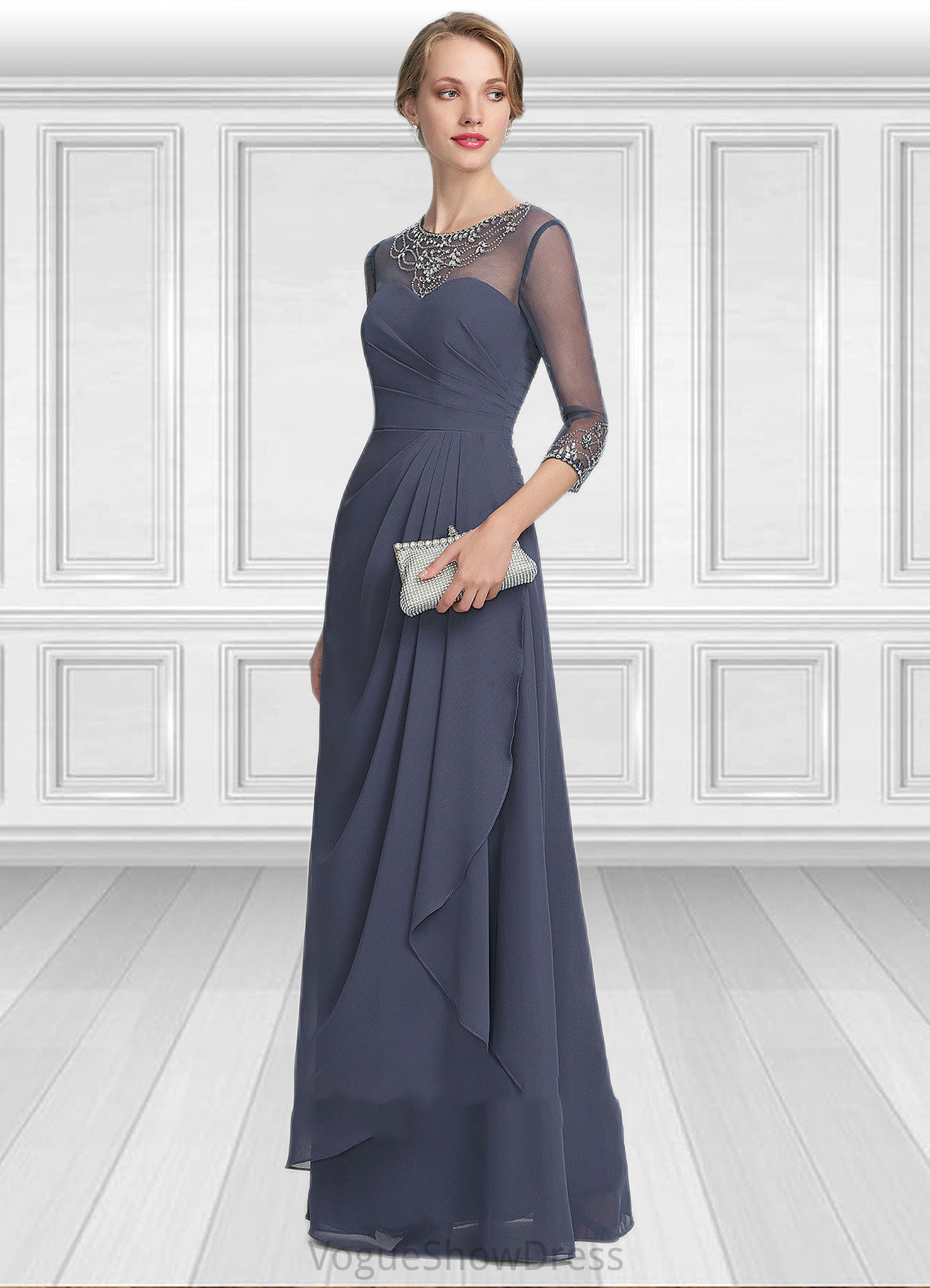 Simone A-Line Scoop Neck Floor-Length Chiffon Mother of the Bride Dress With Beading Sequins Cascading Ruffles DL126P0014921